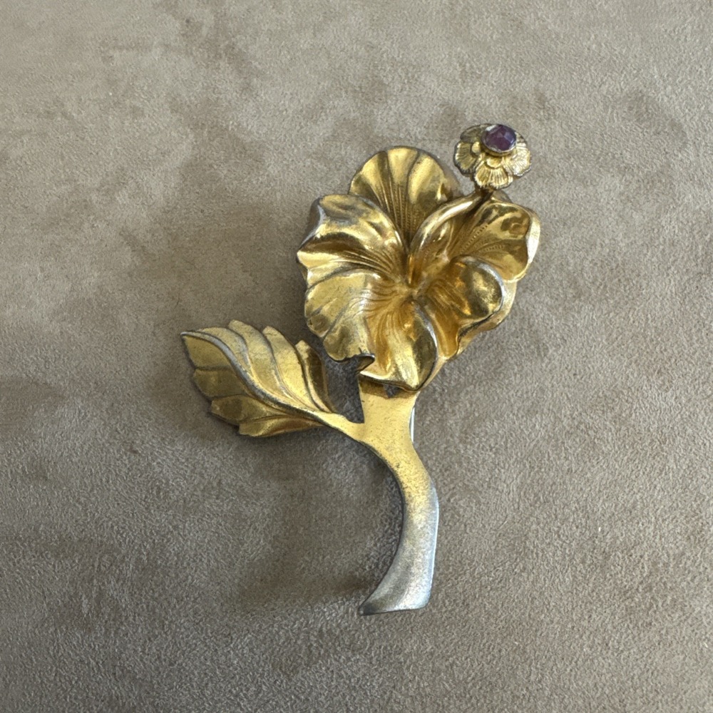 1940s sterling Sterling silver Floy Mercer Honolulu Hibiscus Brooch Gold Tone